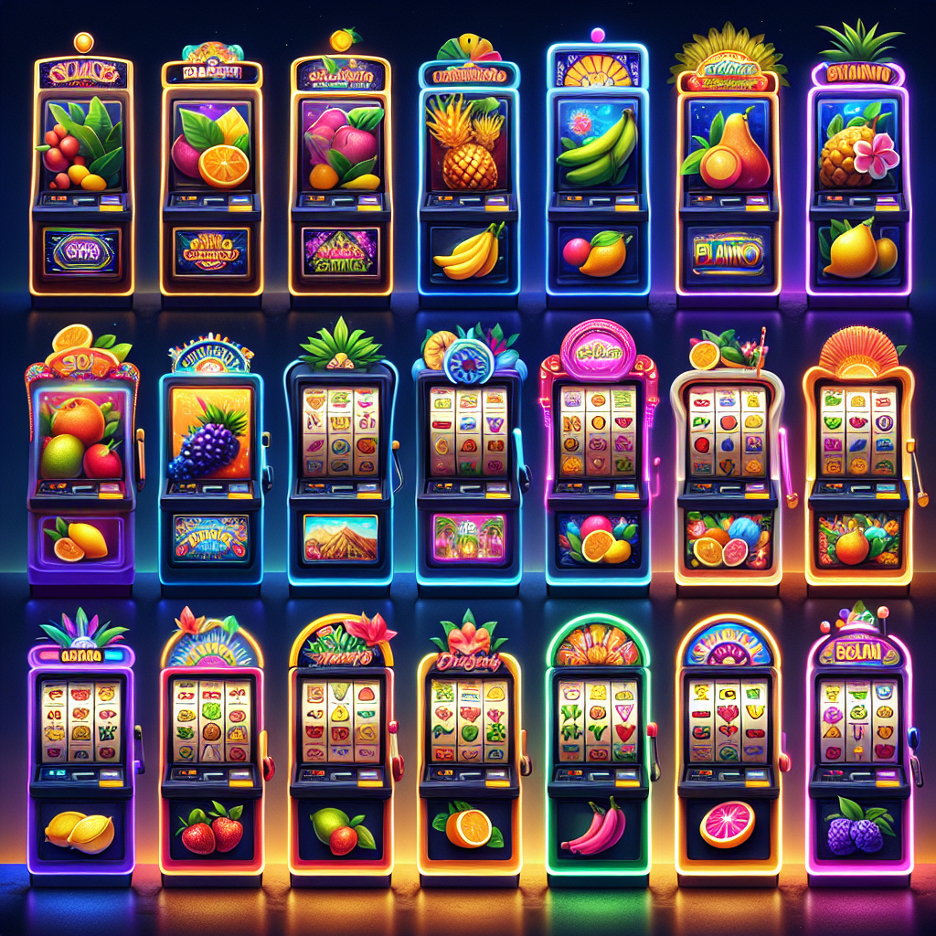A colorful and vibrant illustration of various slot machines with tropical themes, featuring fruits and iconic symbols popular in Malaysian culture