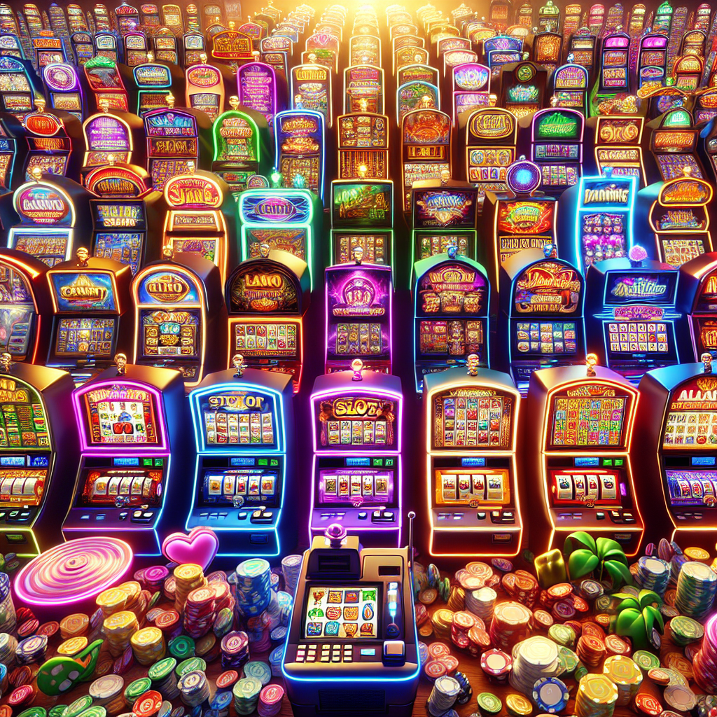 A vibrant illustration showing various types of slot machines available at an online casino in Malaysia, including video slots and themed slots