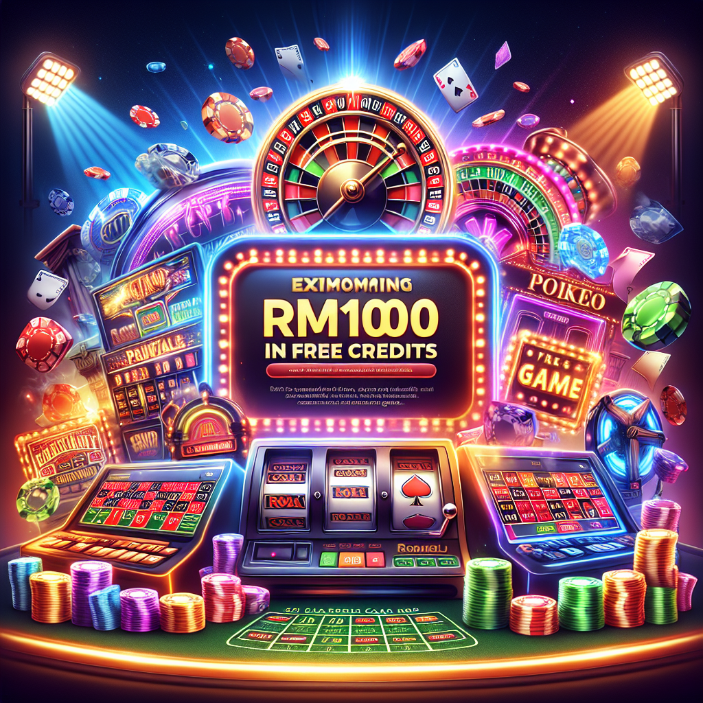 A vibrant digital illustration depicting an online casino interface with various games and an RM100 free credit banner
