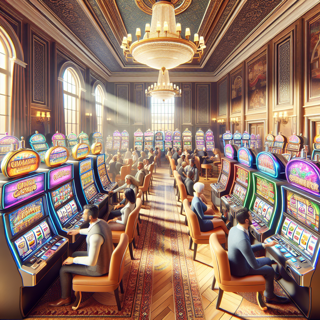 A vibrant online casino scene featuring various popular slot machines in Malaysia, showcasing colorful graphics and players enjoying their time