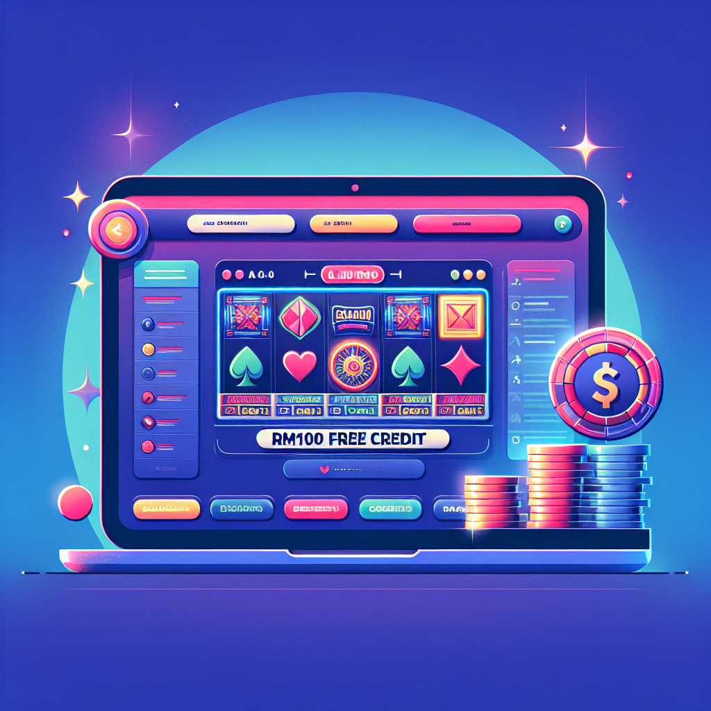 A vibrant digital illustration of an online casino interface showcasing various games with RM100 free credit highlighted