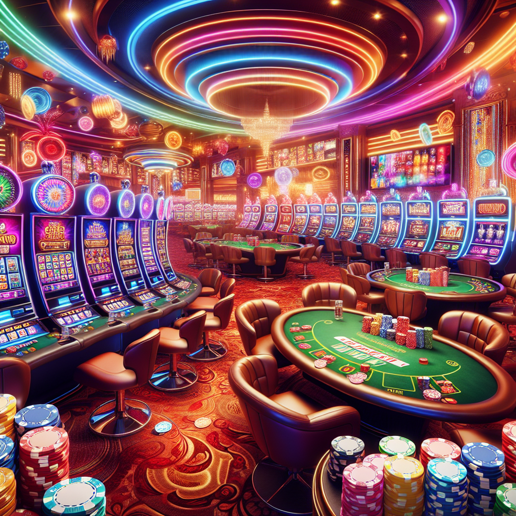A vibrant online casino scene showcasing various games like slots, poker tables, and live dealer setups
