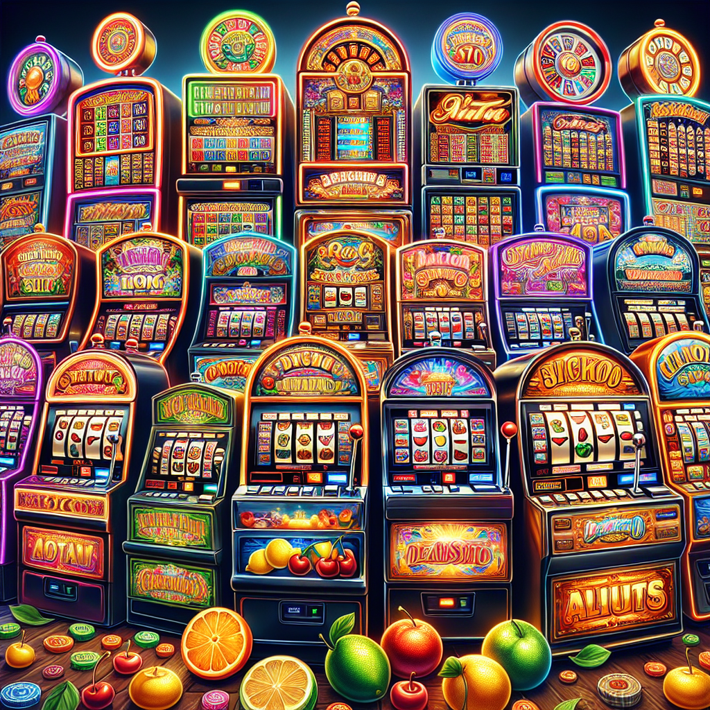 A vibrant illustration of various slot machines featuring colorful themes and symbols, showcasing a mix of classic fruit machines and modern video slots