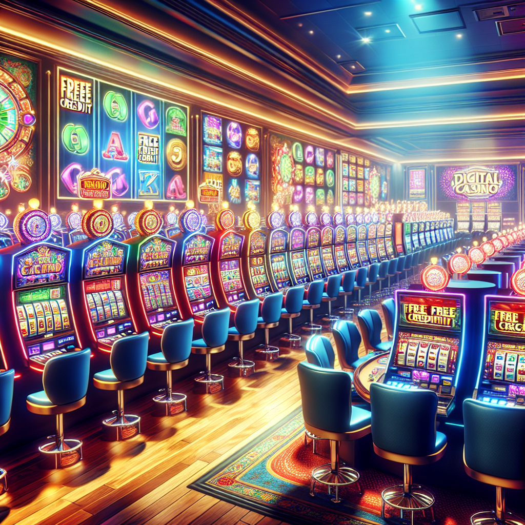 A vibrant illustration of a digital casino with slot machines featuring colorful graphics and symbols, showcasing free credit promotions