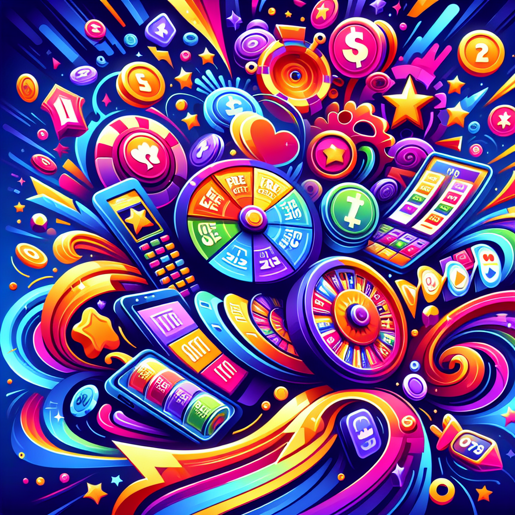 A vibrant illustration depicting various types of online casino bonuses like free slots credit offers, no deposit bonuses, and instant credits