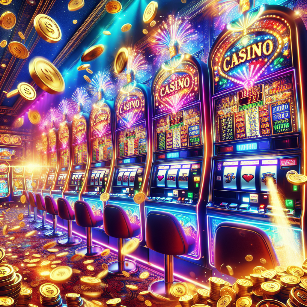 A vibrant illustration of various casino slot machines with bright lights and coins spilling out, showcasing excitement and fun.