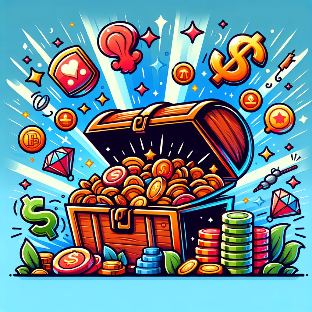 A vibrant illustration of a treasure chest overflowing with gaming credits, symbols of various casino games around it, in a fun cartoon style