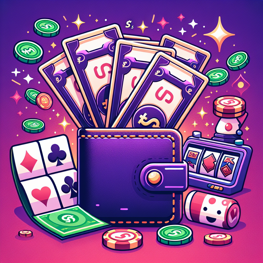 A vibrant illustration showing a digital wallet filled with RM5 bills and casino game symbols like slots and cards