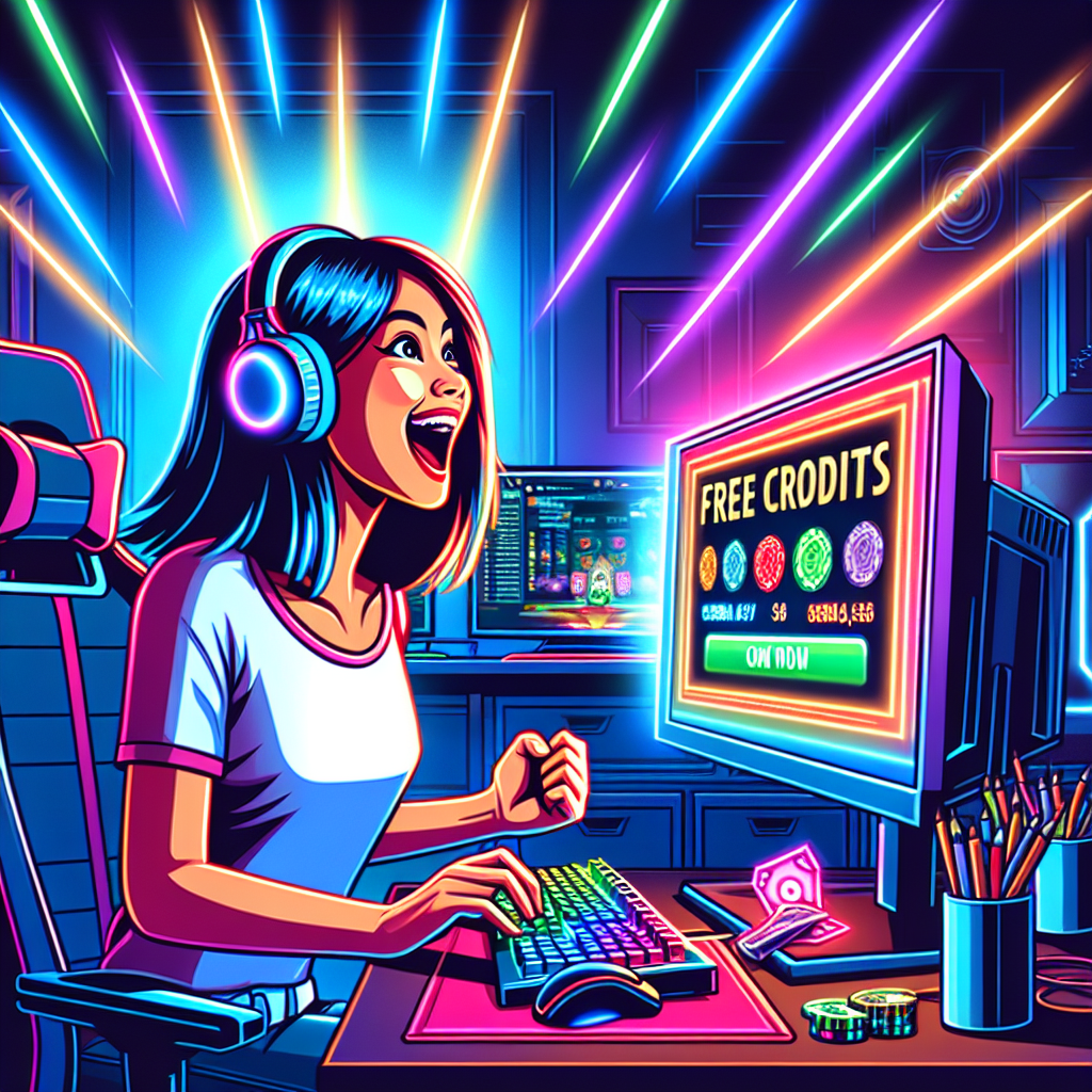 A vibrant illustration of a gamer excitedly claiming free credits on an online casino platform