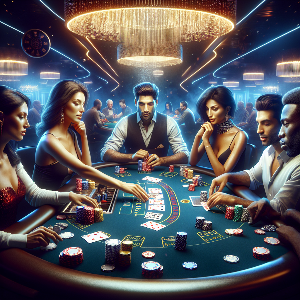 A vibrant illustration showing players at a blackjack table in an online casino setting with cards and chips