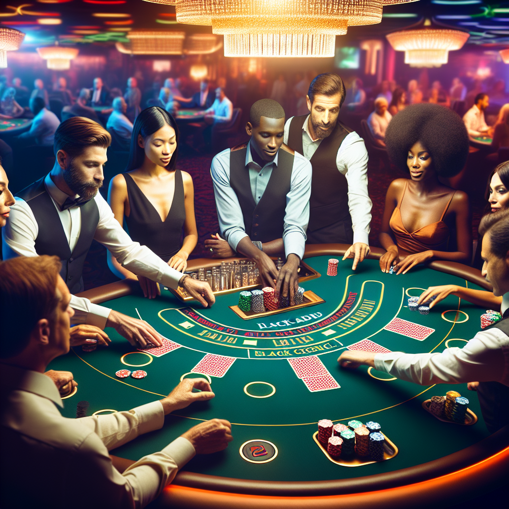 A vibrant illustration of a virtual blackjack table with players interacting with live dealers