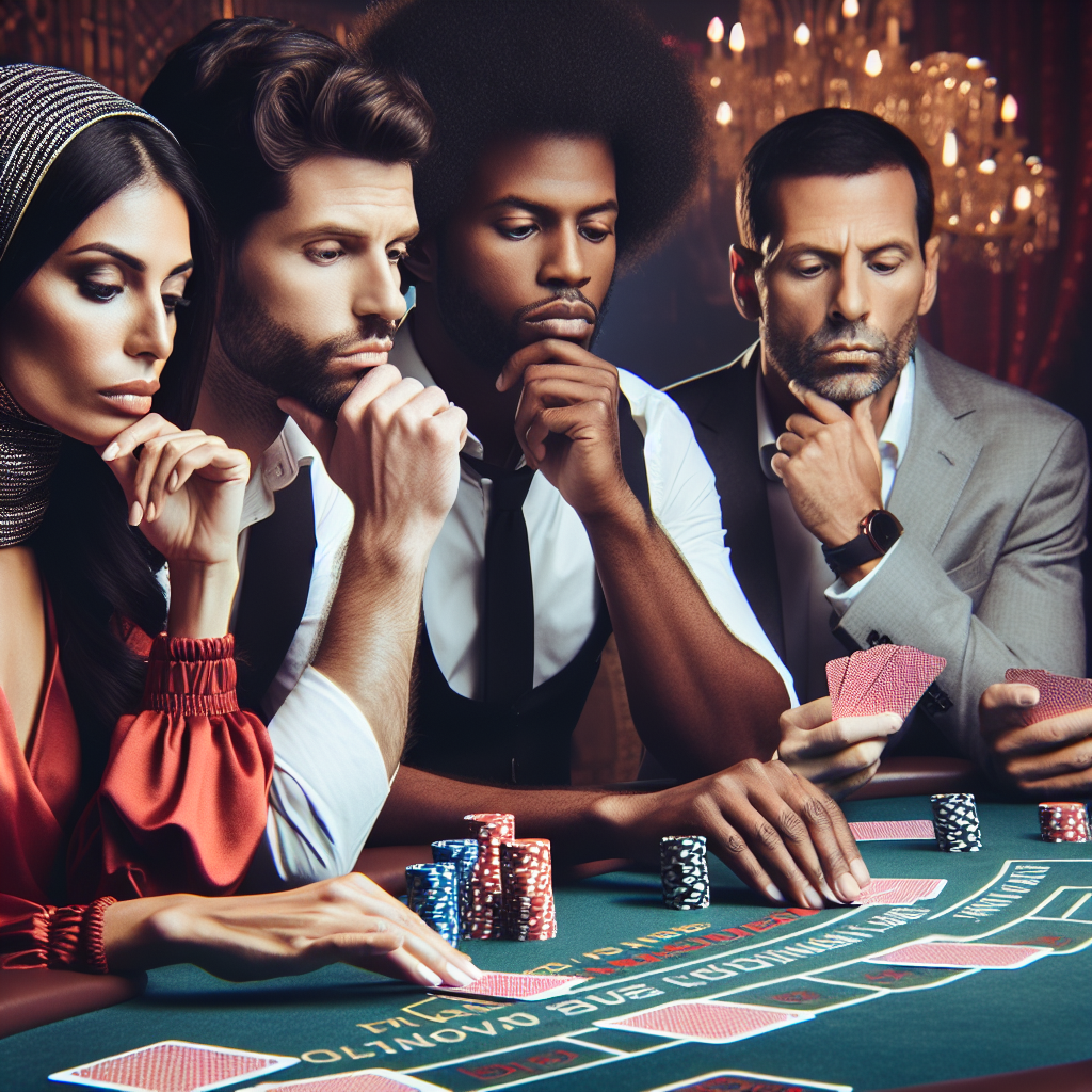 A dynamic scene of players at a blackjack table using advanced strategies like card counting and progressive betting systems