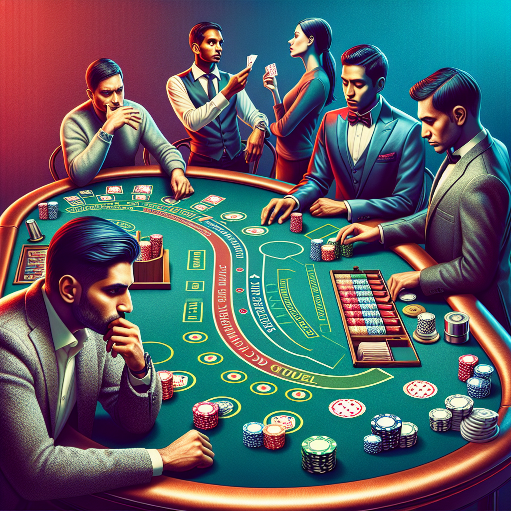 A vibrant illustration showing a blackjack table with players using various strategies like card counting and basic strategy charts