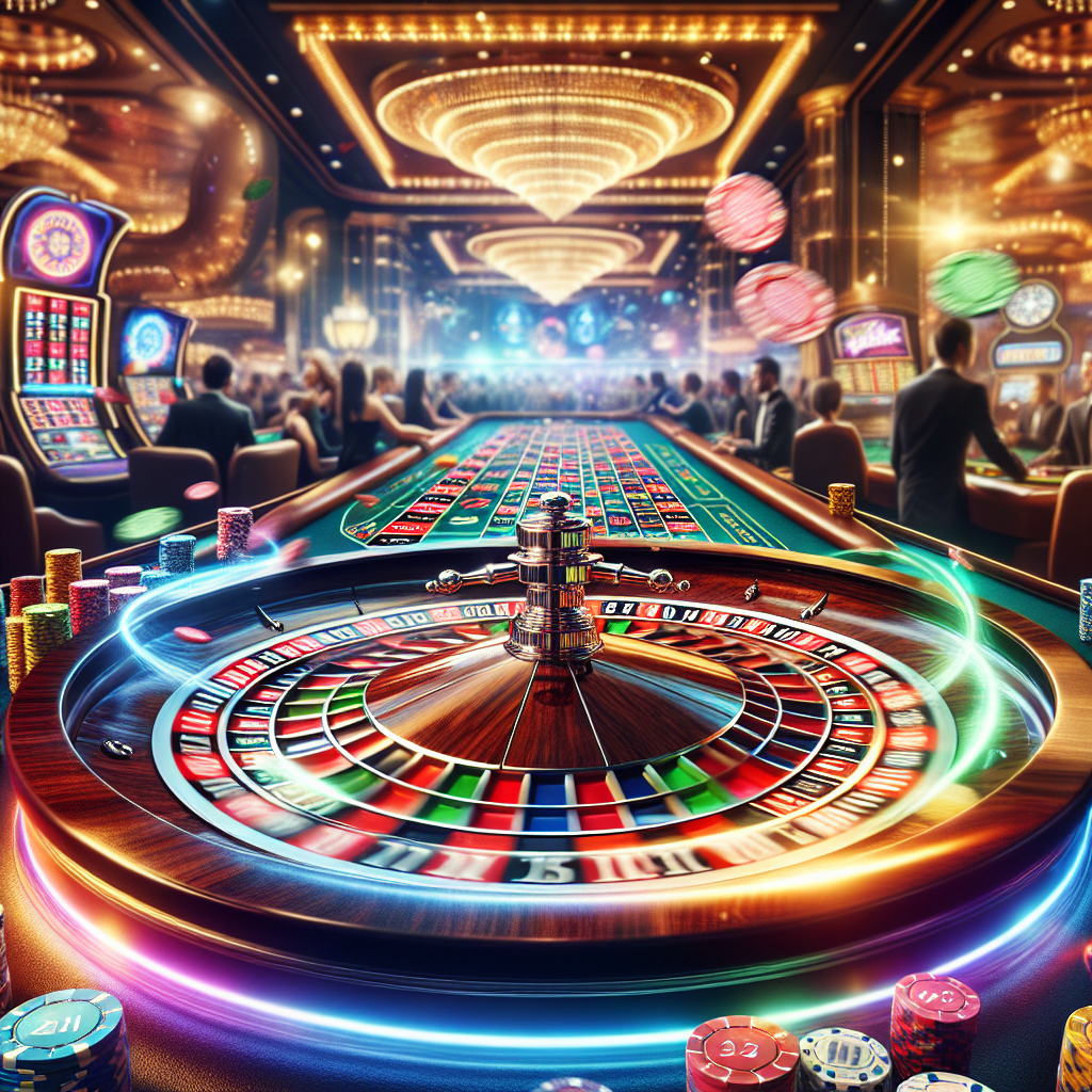 A vibrant digital roulette wheel with colorful chips and an immersive casino background