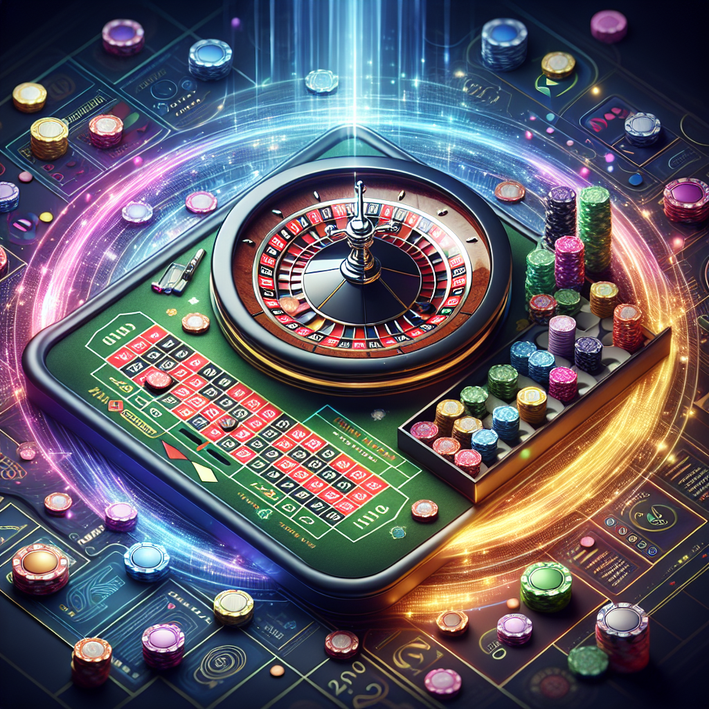 A vibrant digital roulette table showcasing colorful chips and a spinning wheel in an immersive virtual casino setting