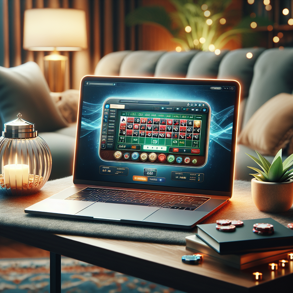A modern online casino interface showcasing various games like poker and roulette on a laptop screen with a cozy home setting
