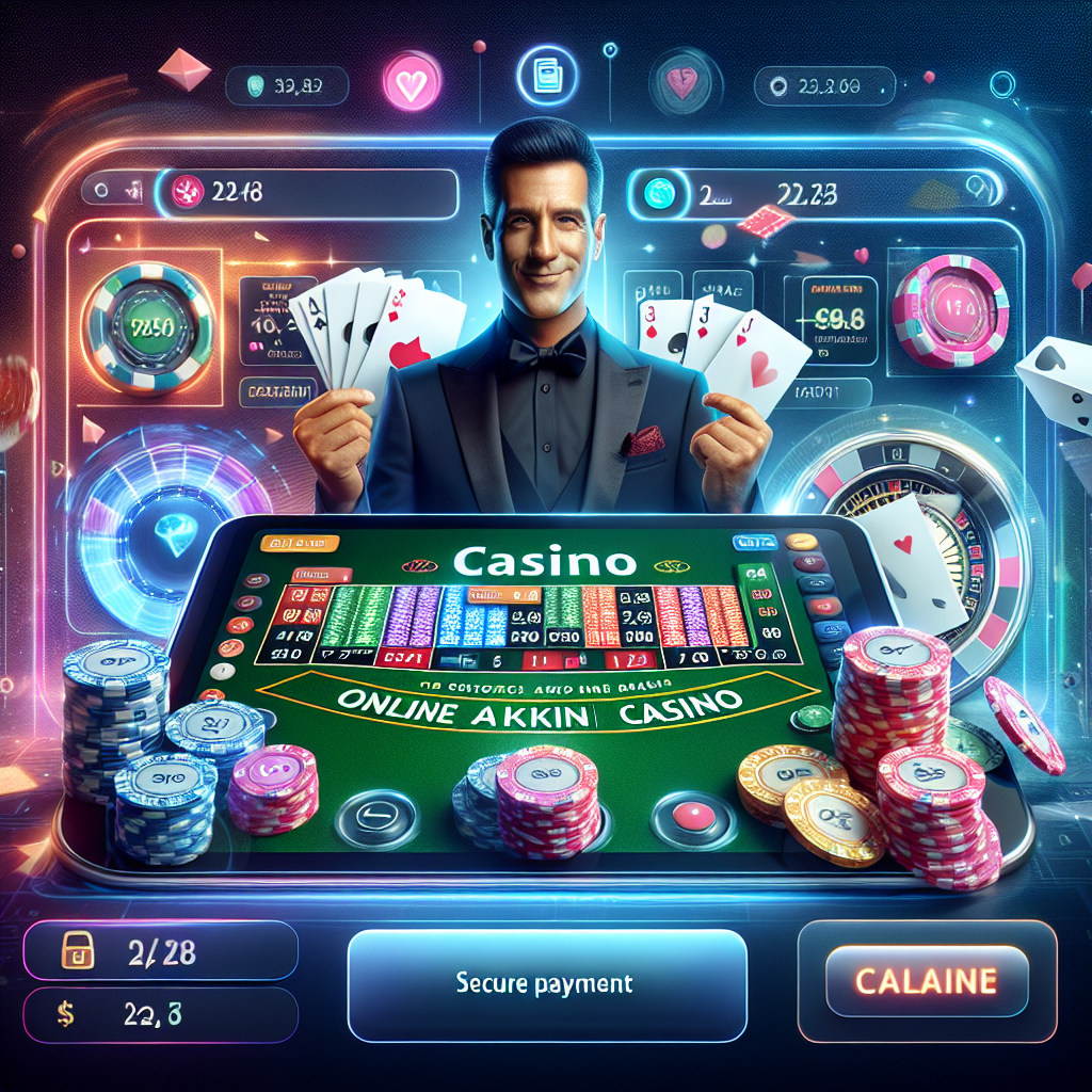 A modern online casino interface showcasing various games like poker and blackjack with a secure payment option