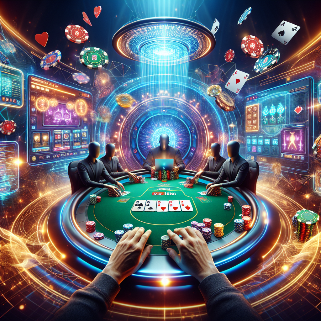 A vibrant online poker scene with players engaged in a thrilling game, showcasing a blend of technology and excitement in a virtual casino setting