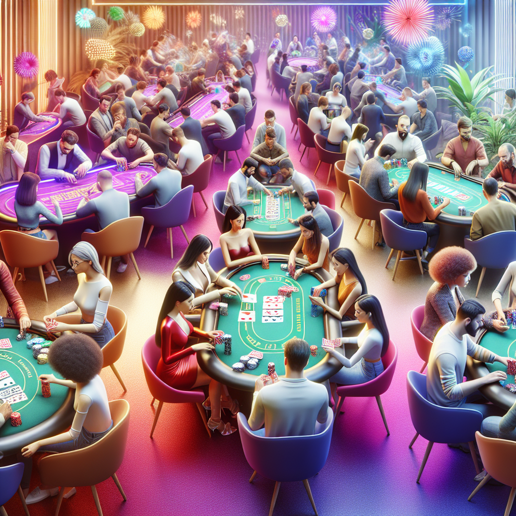 A vibrant online casino scene with players enjoying card games on their devices