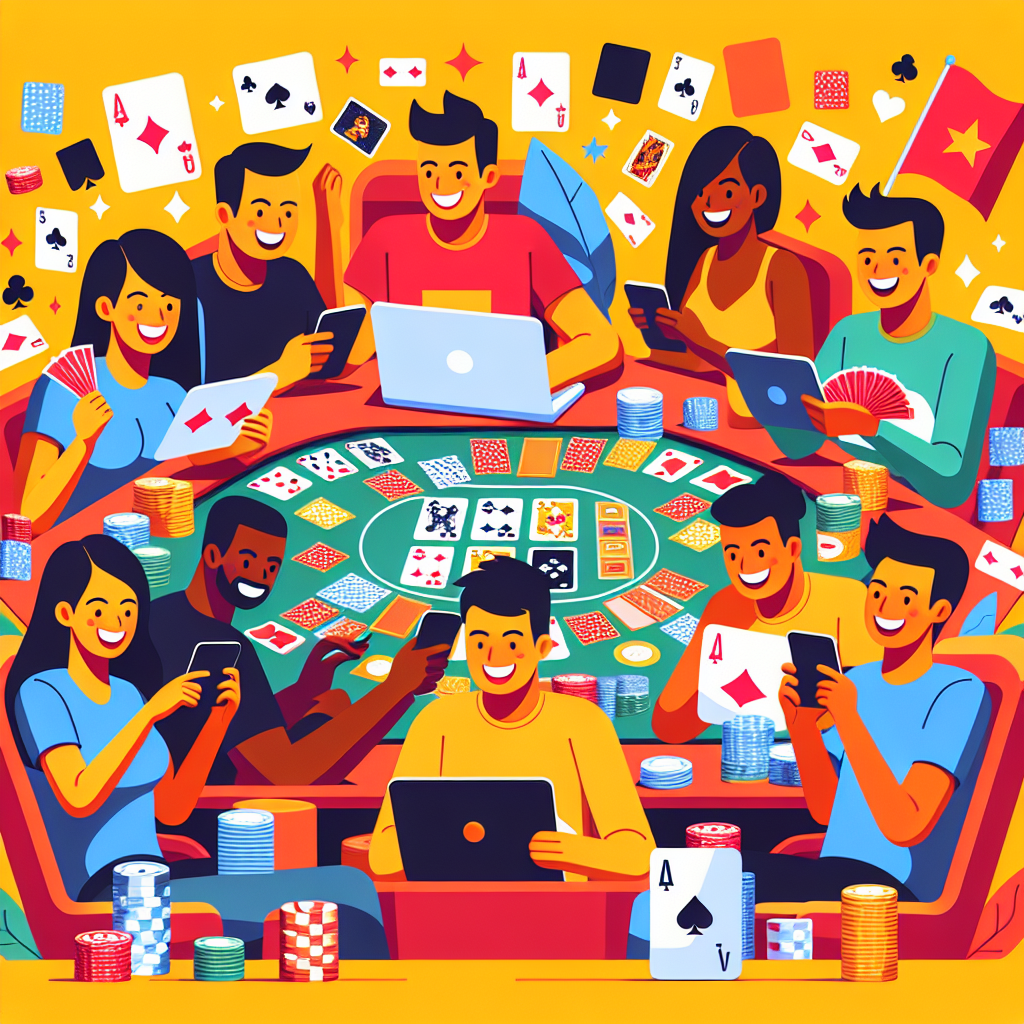 A vibrant digital illustration of various popular Vietnamese card games being played online with players engaged and having fun
