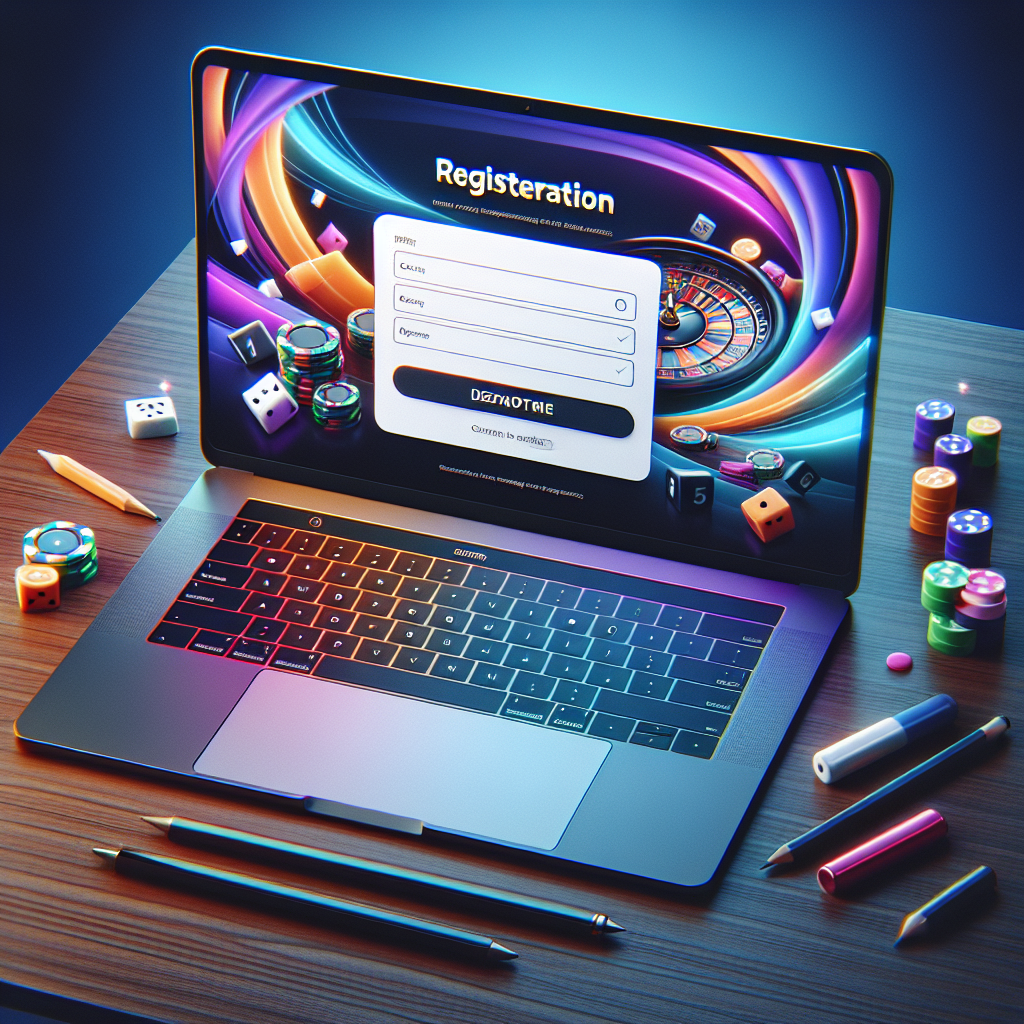 A modern online casino registration page on a laptop screen with vibrant colors and user-friendly design