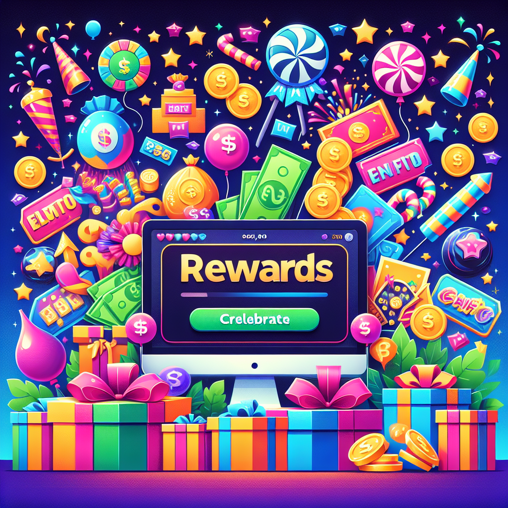 A vibrant and colorful graphic showcasing various promotions and rewards from an online gaming platform, with elements like cash prizes, gift boxes, and festive decorations