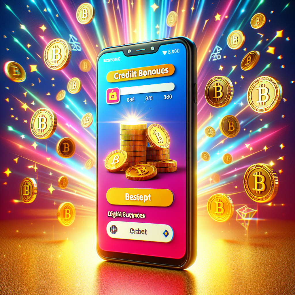 A vibrant smartphone displaying an e-wallet app with credit bonuses highlighted, set against a backdrop of digital currency symbols