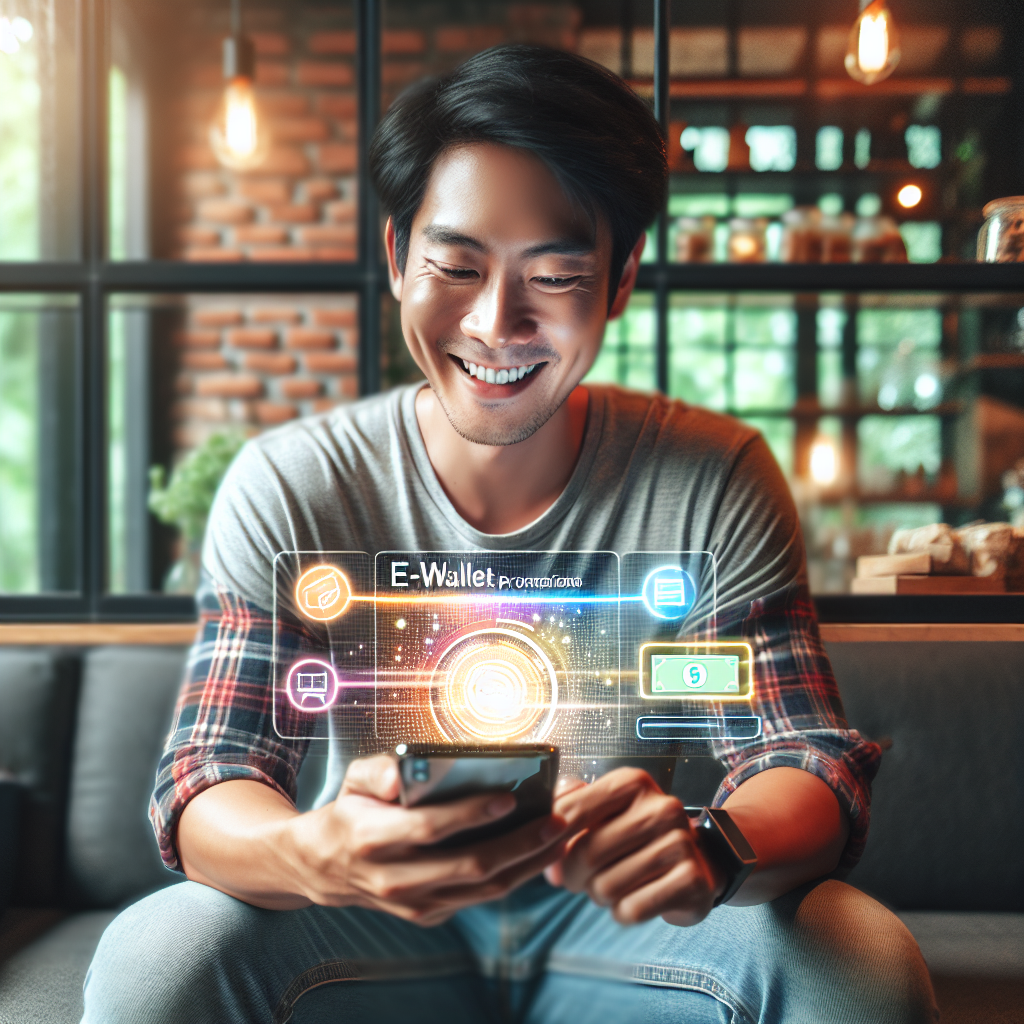 A person happily using an e-wallet app on their smartphone while sitting at a café, showcasing digital transactions and promotions