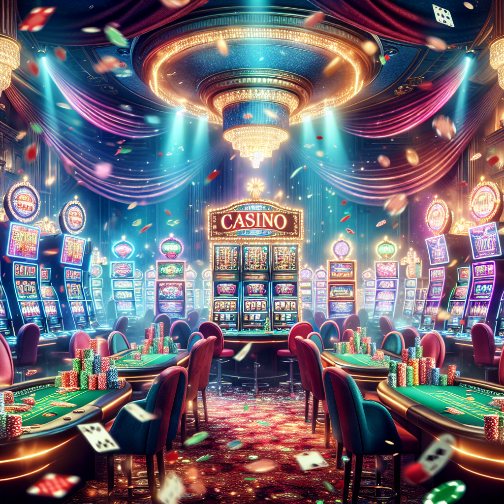 A vibrant illustration of online casino games with colorful slot machines and poker tables, showcasing excitement and fun