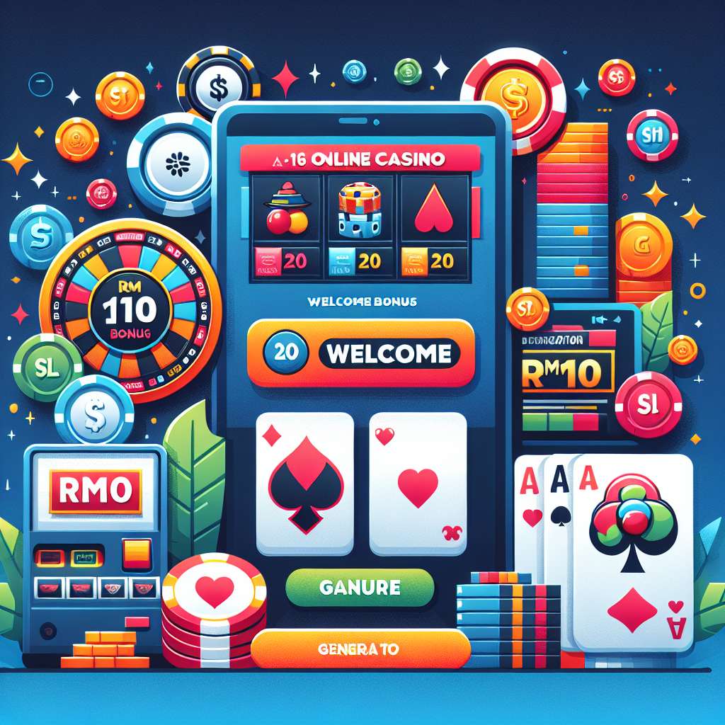 A vibrant illustration depicting an online casino interface showcasing various games with a highlighted RM10 welcome bonus offer