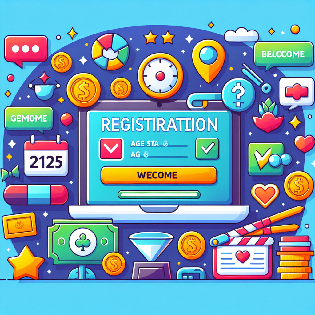 A vibrant illustration of an online casino registration process with elements like age verification and welcome bonuses