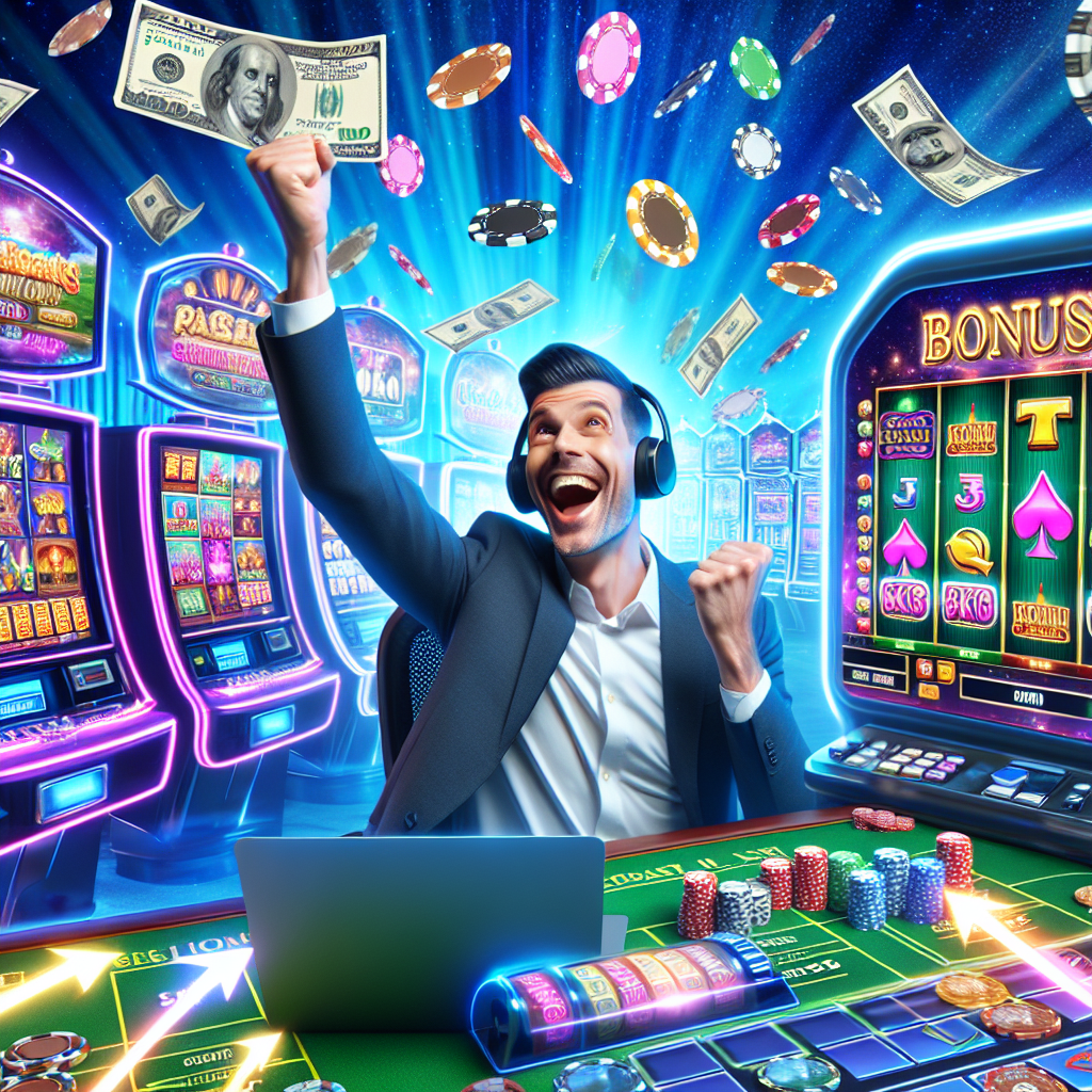 A vibrant illustration of an online casino interface featuring various slot machines and games, showcasing a joyful user claiming their bonus