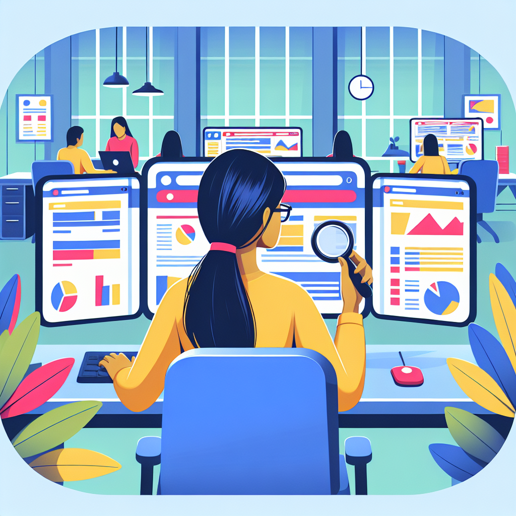 A vibrant illustration depicting an SEO expert analyzing website data on multiple screens