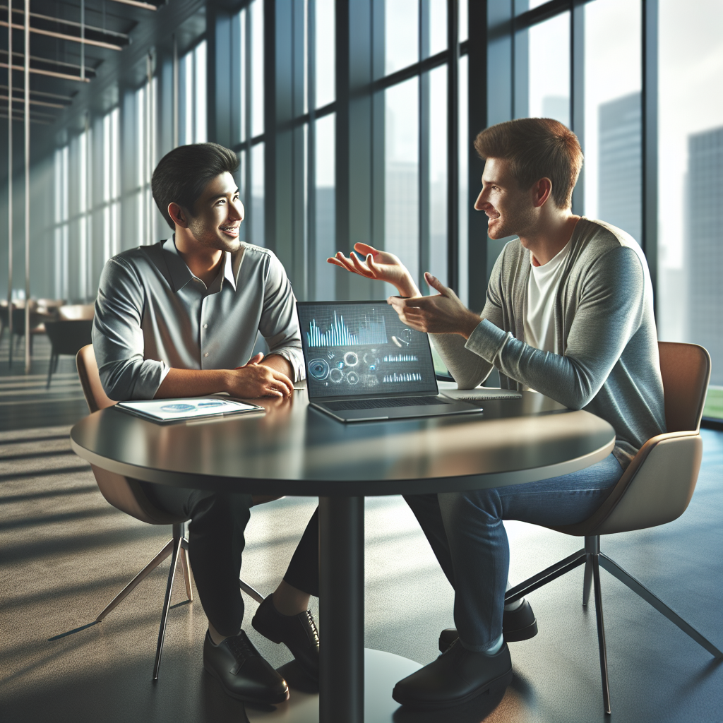 A friendly SEO expert discussing strategies with a business owner in a modern office setting