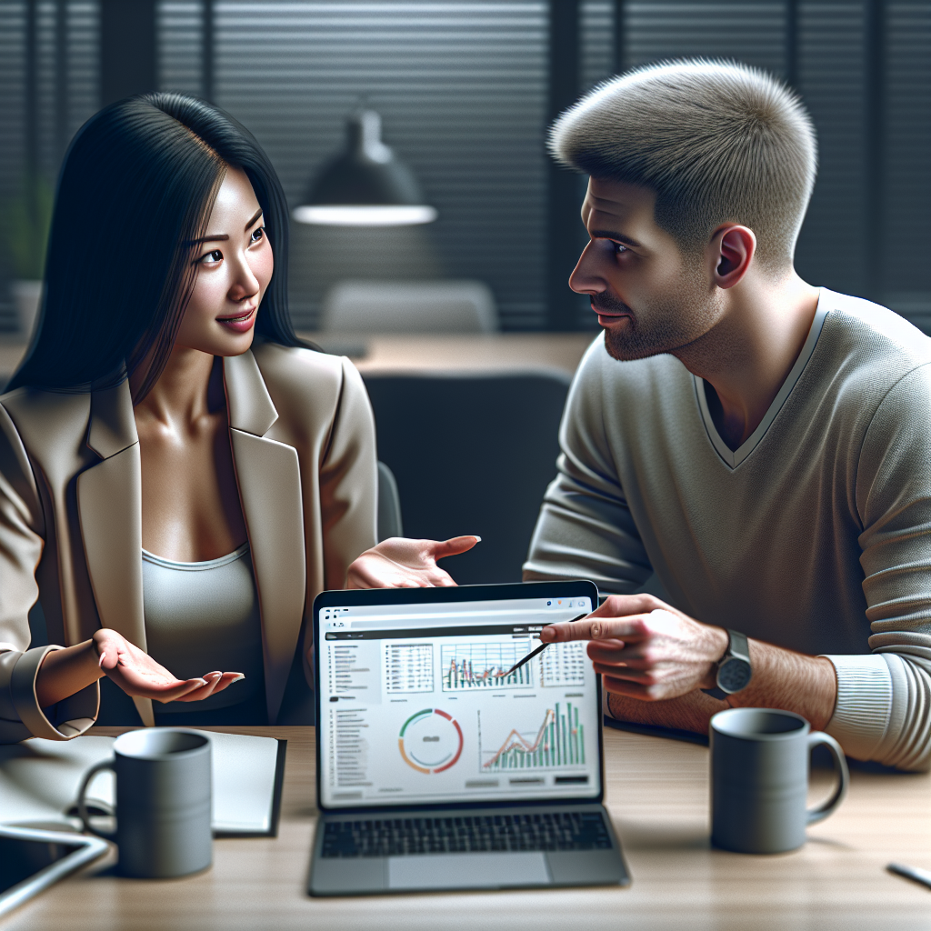 A friendly meeting between an SEO expert and a client discussing website analytics on a laptop