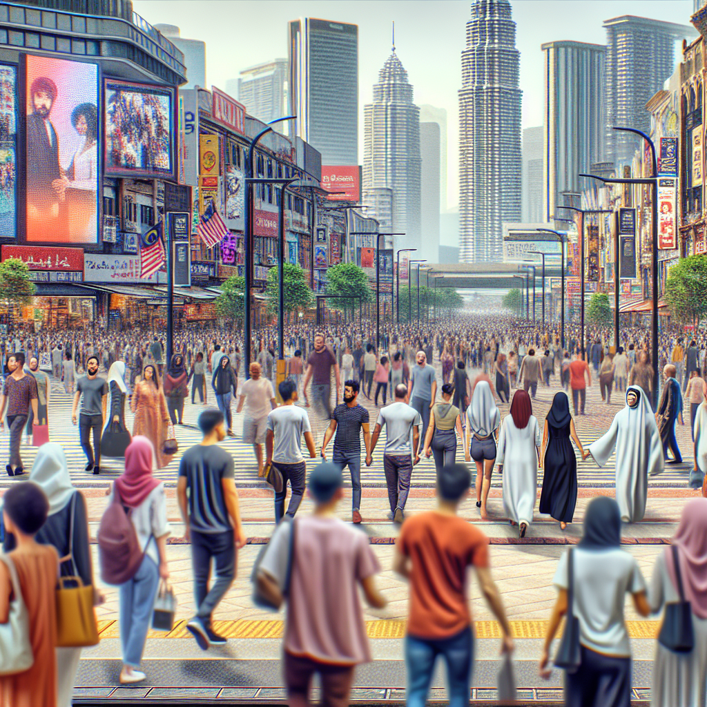 A vibrant street scene in Kuala Lumpur showcasing diverse businesses and people interacting