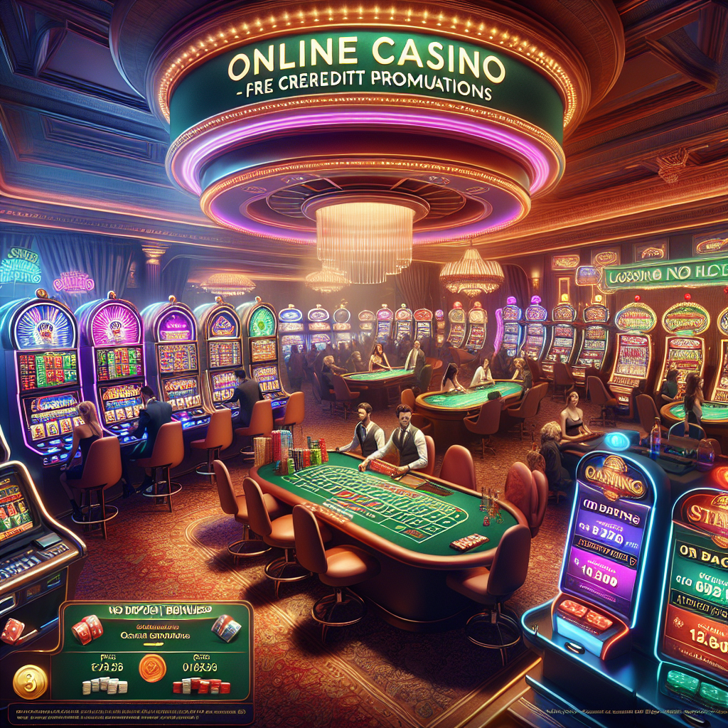 A vibrant online casino scene showcasing various games with promotional banners displaying 'Free Credit Promotions' and 'No Deposit Bonuses'.