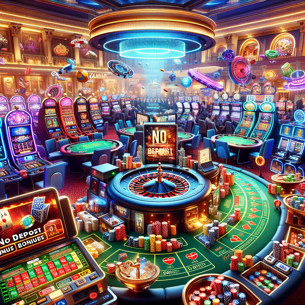 A vibrant online casino scene showcasing various games with visible no deposit bonus promotions