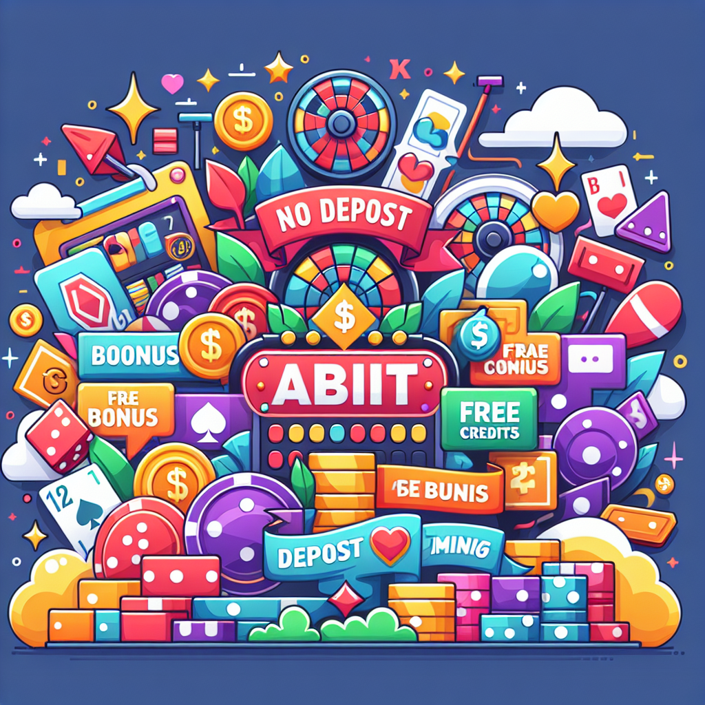 A vibrant digital illustration showcasing various online casino promotions in Malaysia, featuring colorful banners and enticing offers like 'No Deposit Bonus' and 'Free Credits', set against a backdrop of gaming elements like cards and dice.