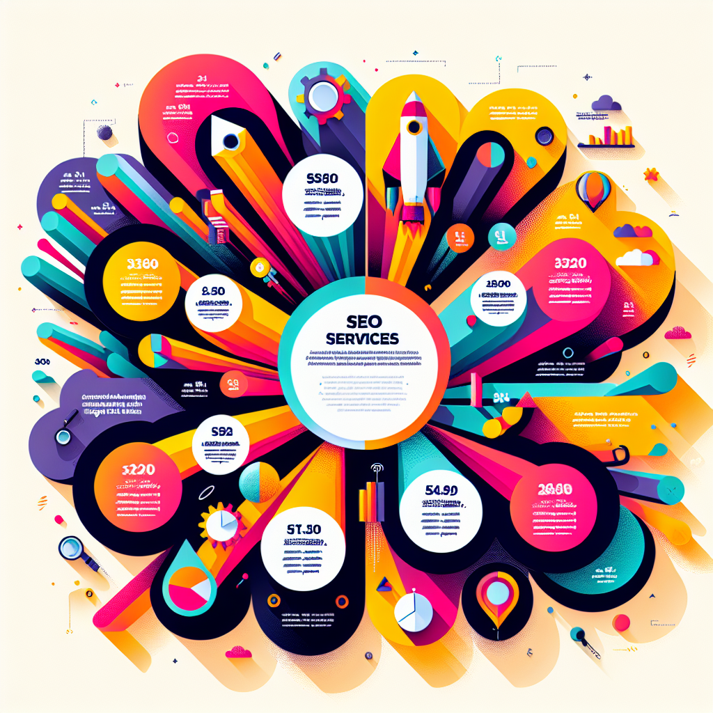 A colorful infographic showing different types of SEO services with their respective costs in Malaysia