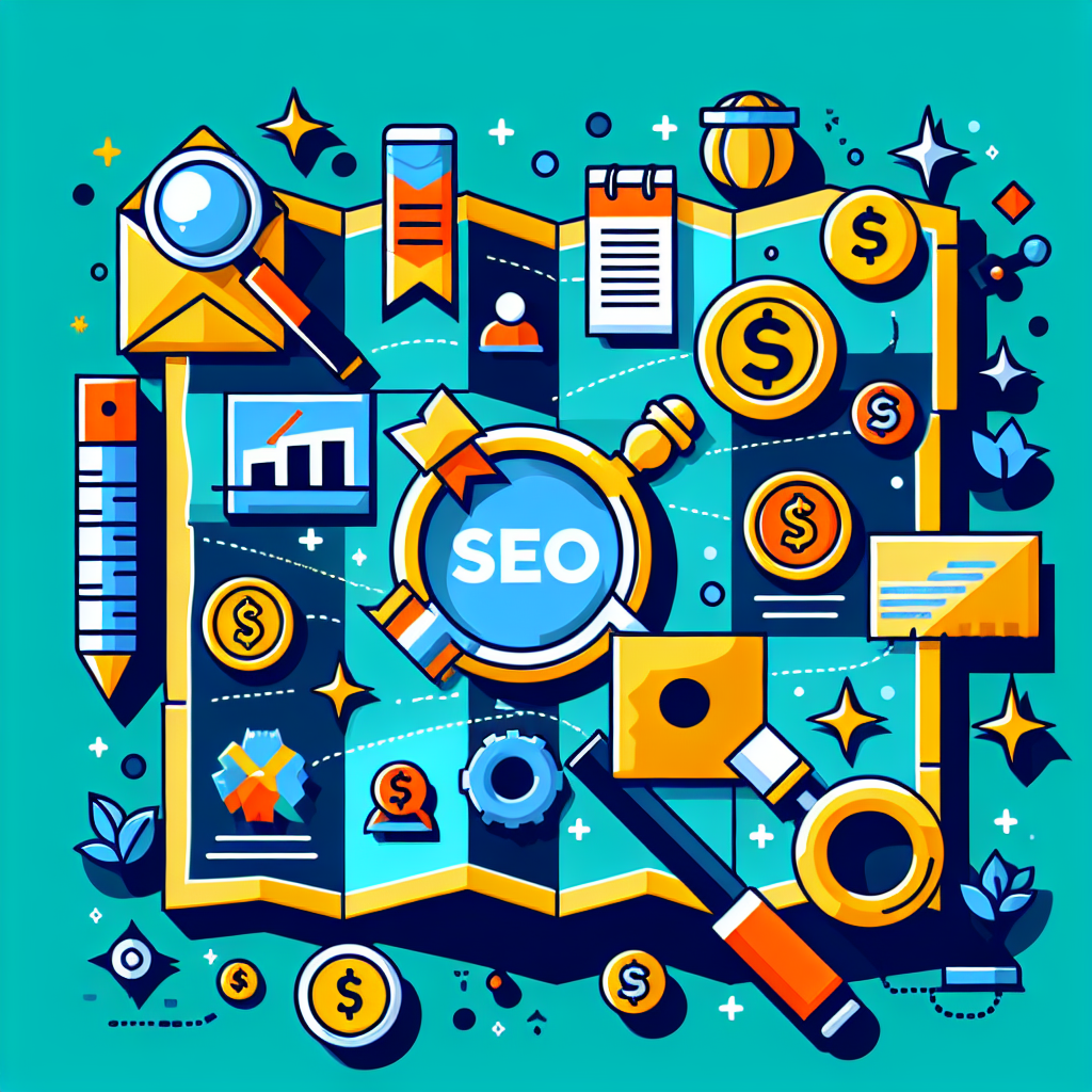 A vibrant illustration of a treasure map with various SEO-related icons like magnifying glasses, dollar signs, and charts