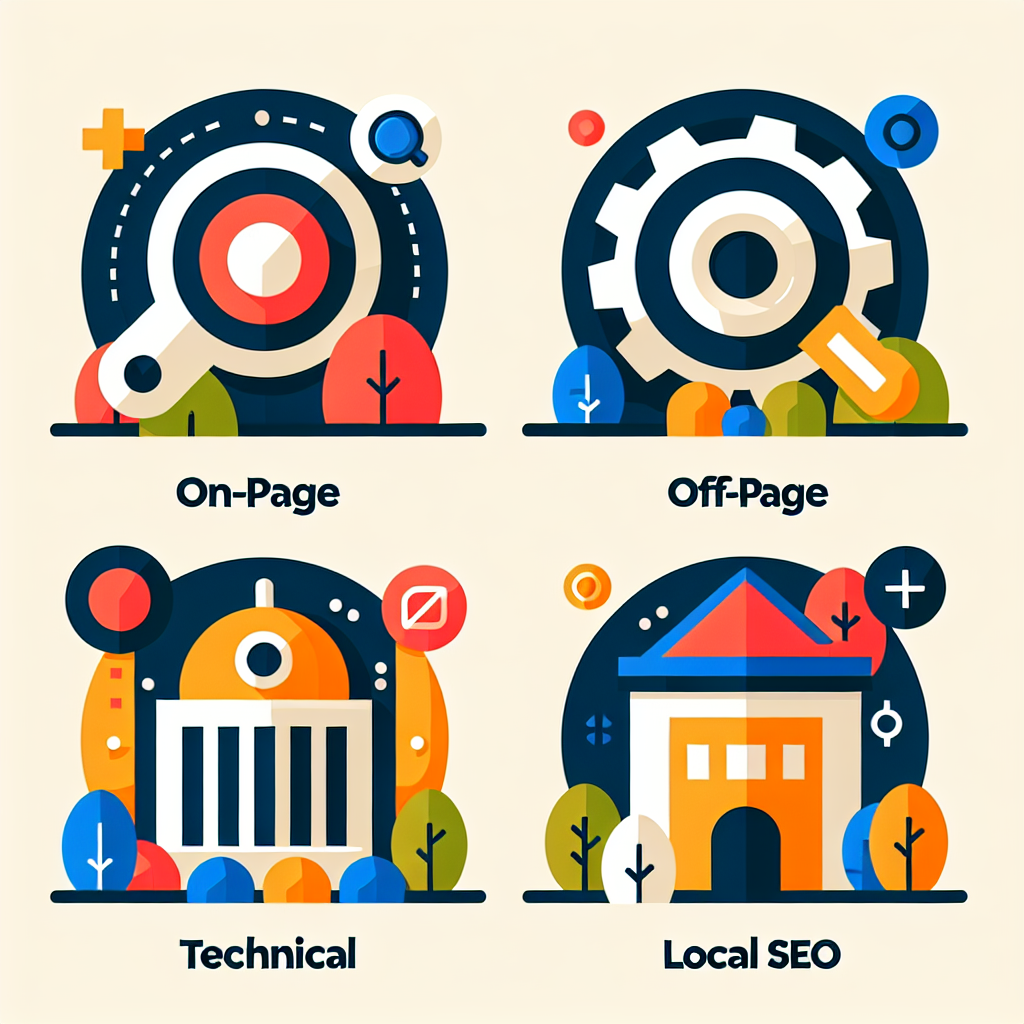 A colorful infographic showcasing different types of SEO services with icons representing On-page, Off-page, Technical, and Local SEO