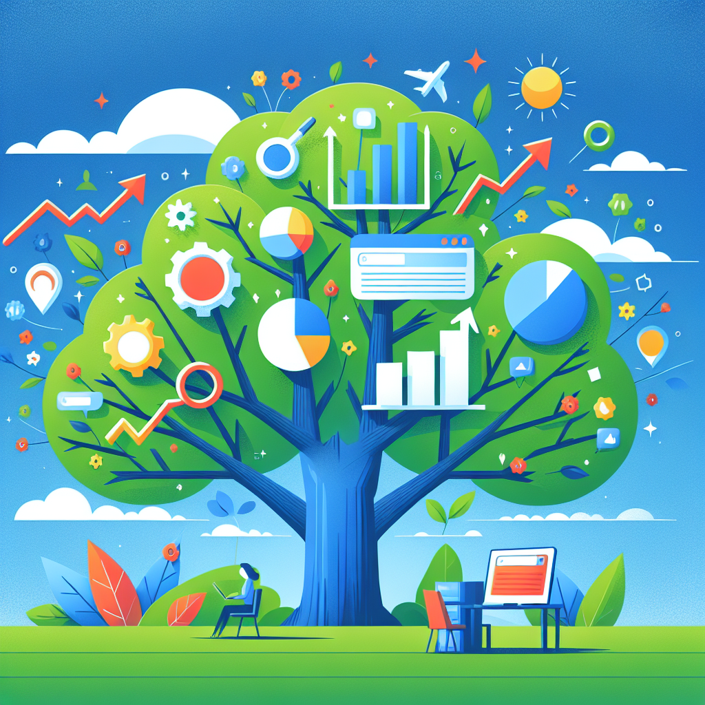 A vibrant illustration depicting a tree growing with digital elements like graphs and search engine icons around it