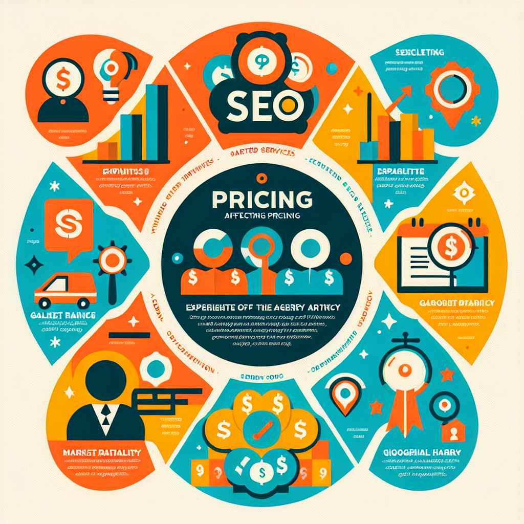 A colorful infographic showing factors influencing SEO pricing with icons representing services offered, agency experience, market competition, and geographical considerations