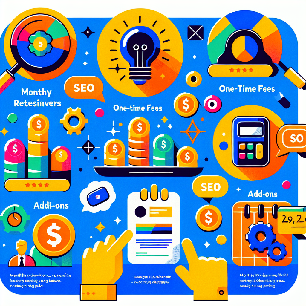 A vibrant infographic showing different types of SEO costs in Malaysia with icons representing monthly retainers, one-time fees, audits and add-ons