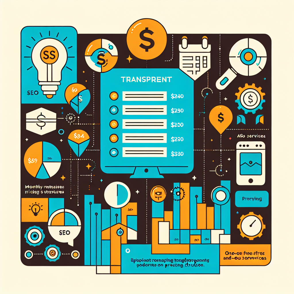 A visually engaging infographic depicting transparent SEO pricing structures with icons representing different components like monthly retainers, one-time fees, and add-on services