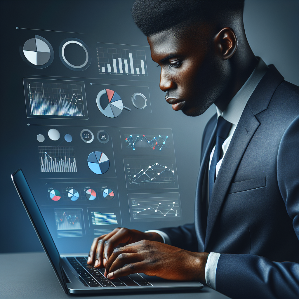 A business person analyzing website analytics on a laptop with graphs and charts displayed