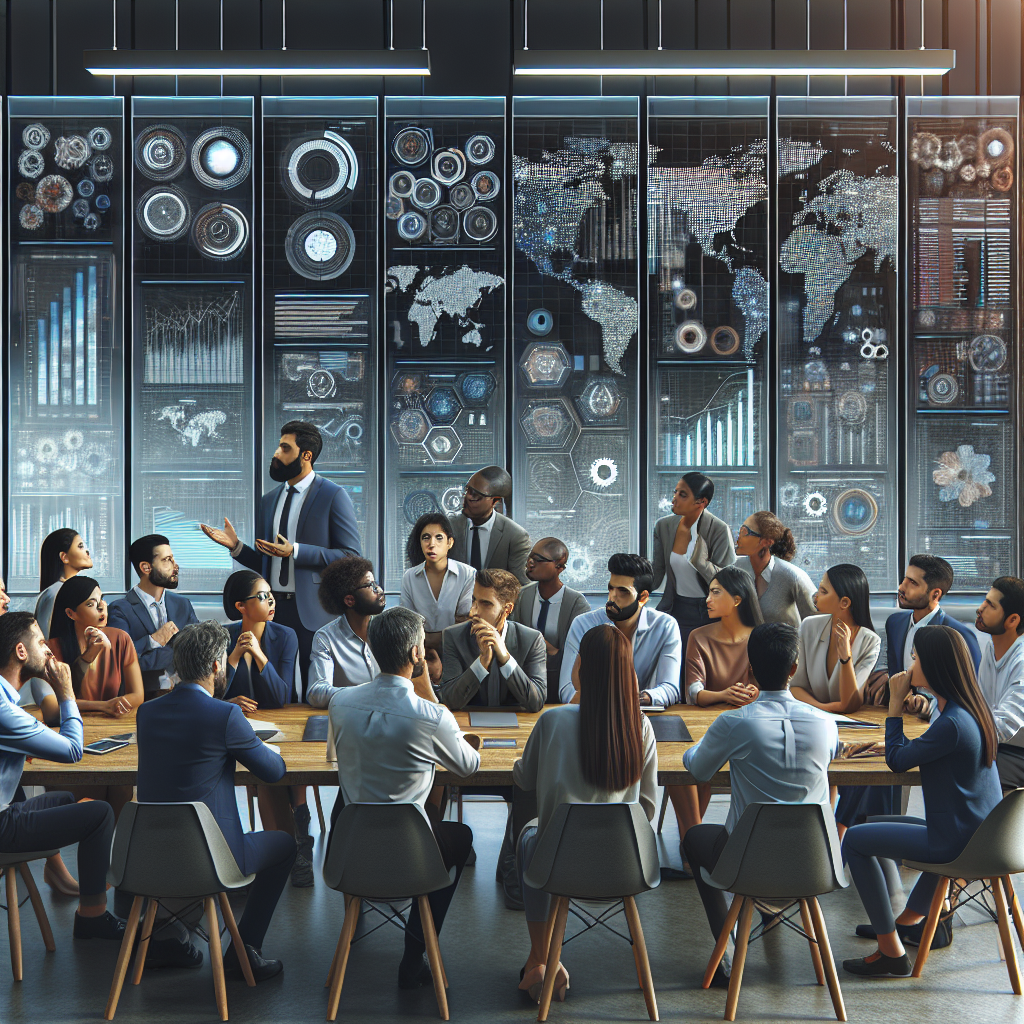 A diverse group of professionals discussing SEO strategies in an office setting, with charts and graphs on screens