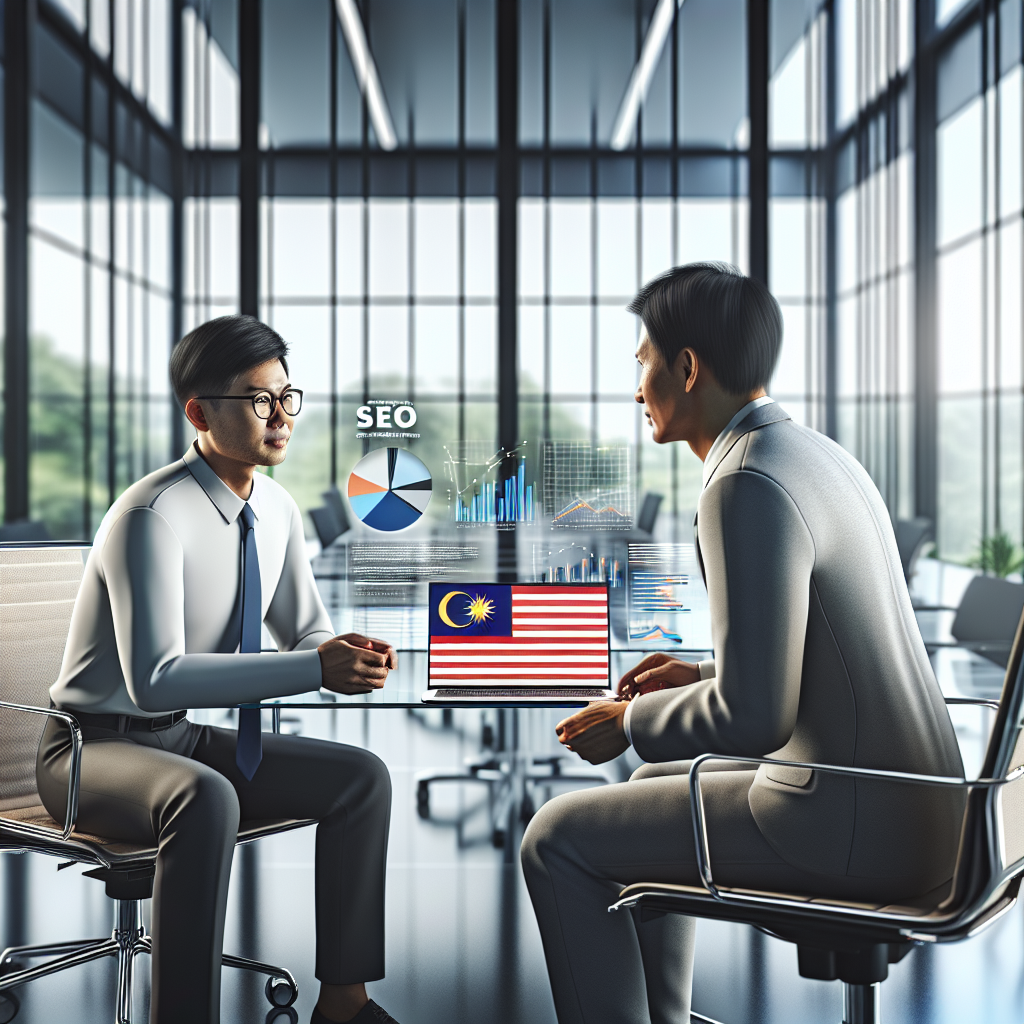 A Malaysian business owner discussing SEO strategies with an expert in a modern office setting