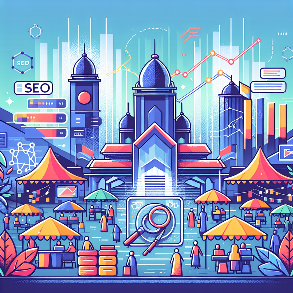 A vibrant illustration depicting a busy Malaysian market with digital elements representing SEO services like keywords and analytics charts